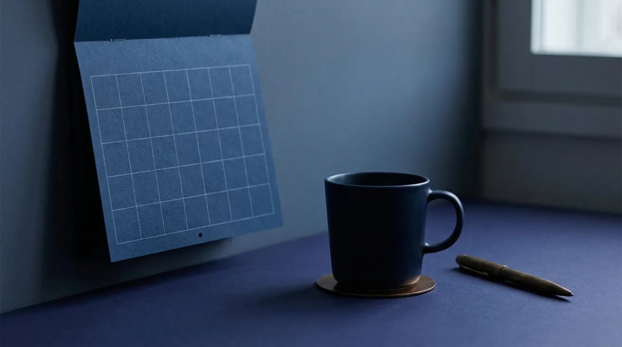 Kalenderblatt und Tasse auf einem dunklen Schreibtisch